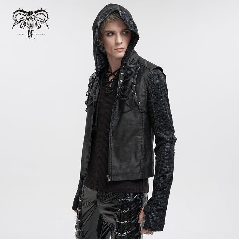 DEVIL FASHION Men's Gothic Strappy Stand Collar Faux Leather Waistcoat