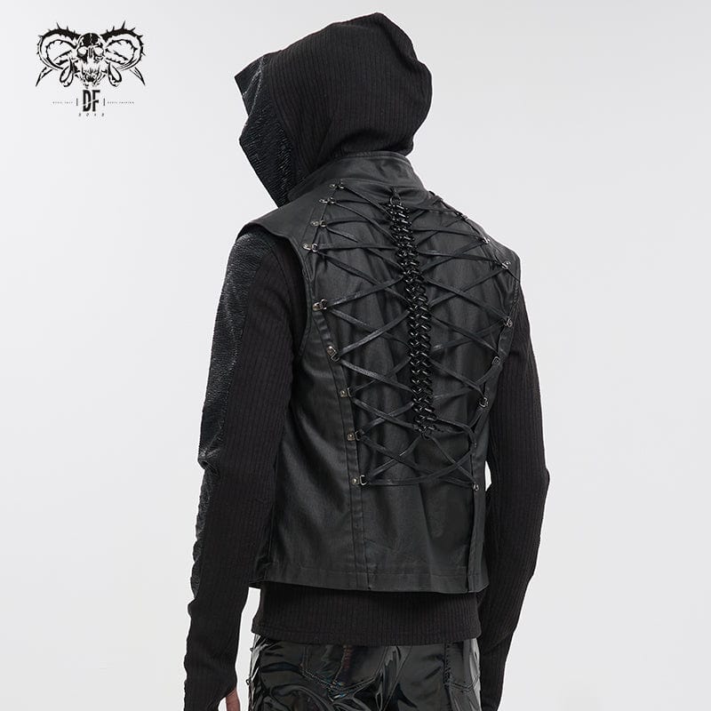DEVIL FASHION Men's Gothic Strappy Stand Collar Faux Leather Waistcoat