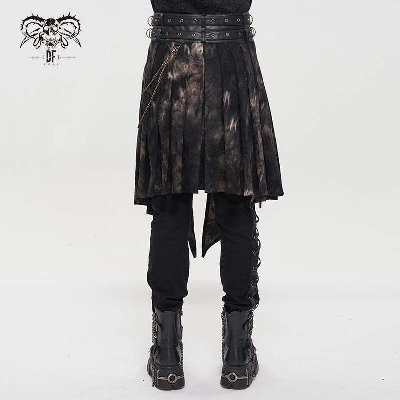 DEVIL FASHION Men's Gothic Tie-dyed Faux Leather Splice Kilt with Belts