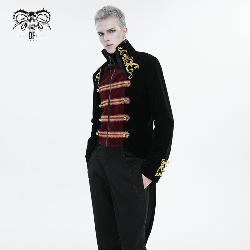 DEVIL FASHION Men's Gothic Totem Embroidered Swallow-tailed Coat Black