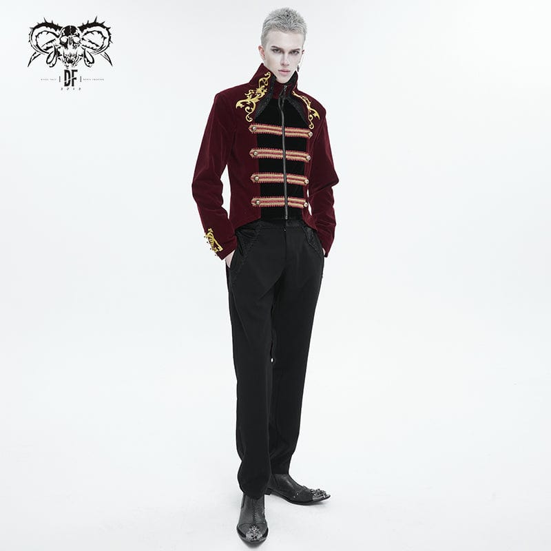 DEVIL FASHION Men's Gothic Totem Embroidered Swallow-tailed Coat Red