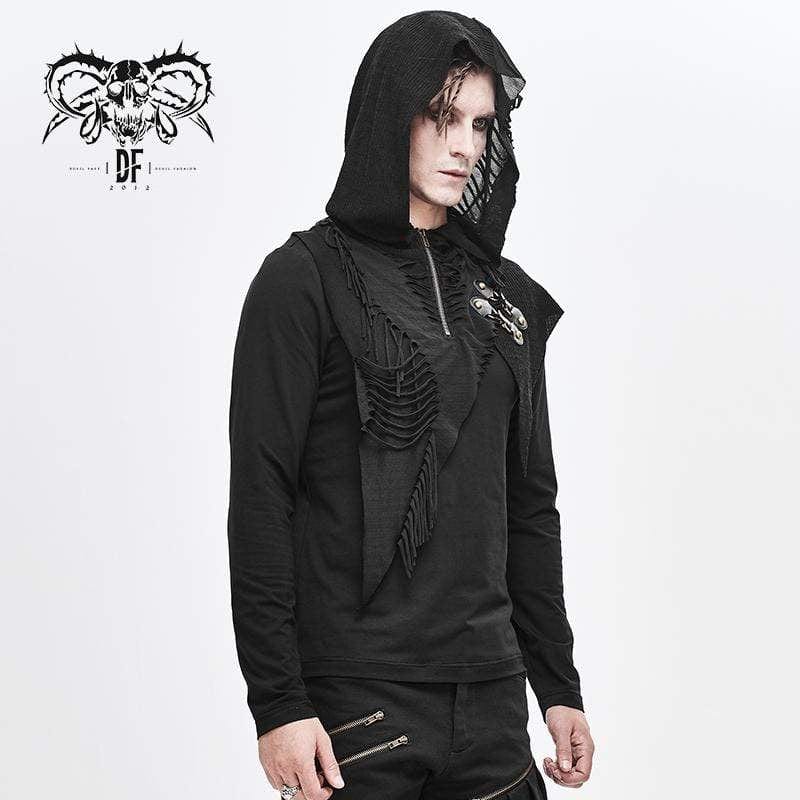 DEVIL FASHION Men's Grunge Punk Long Sleeved Cutout Tassel Hoodies
