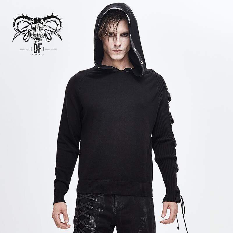 DEVIL FASHION Men's Lace-up Belts Spliced Sweaters&Hoodies