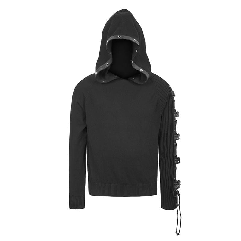 DEVIL FASHION Men's Lace-up Belts Spliced Sweaters&Hoodies
