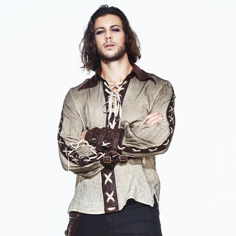 DEVIL FASHION Men's Leather Trimmed Goth Punk Shirt