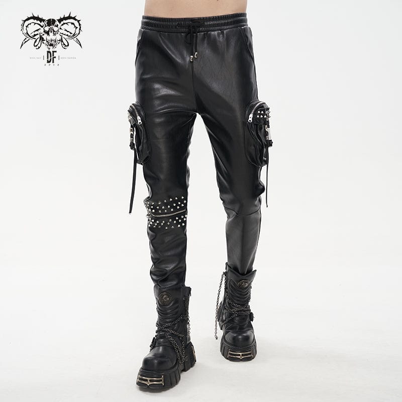 DEVIL FASHION Men's Punk Big-pocket Rivets Faux Leather Pants