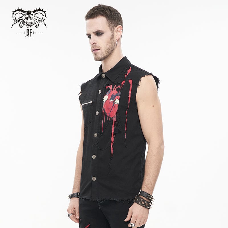 DEVIL FASHION Men's Punk Heart Printed Ripped Unedged Vest