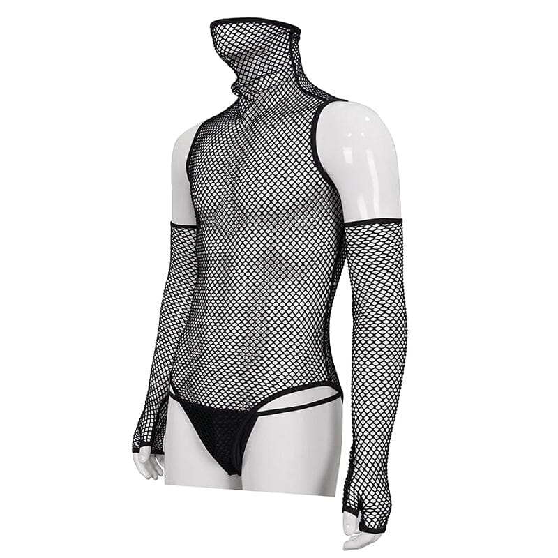 DEVIL FASHION Men's Punk High Collar Mesh Bodysuit with Oversleeves