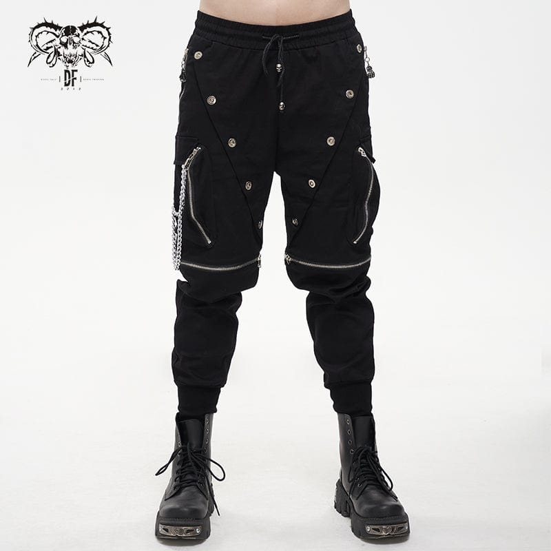 DEVIL FASHION Men's Punk Metal Chain Cargo Pants with Detachable Legs