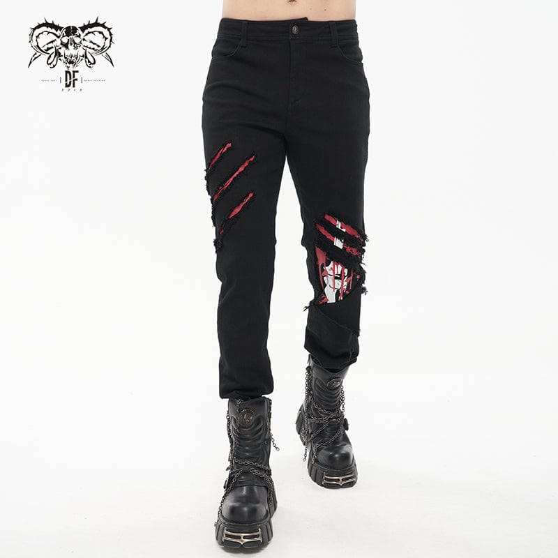 DEVIL FASHION Men's Punk Skeleton Printed Ripped Pants