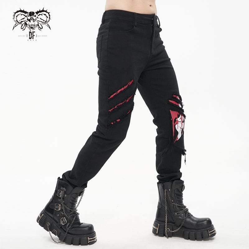 DEVIL FASHION Men's Punk Skeleton Printed Ripped Pants