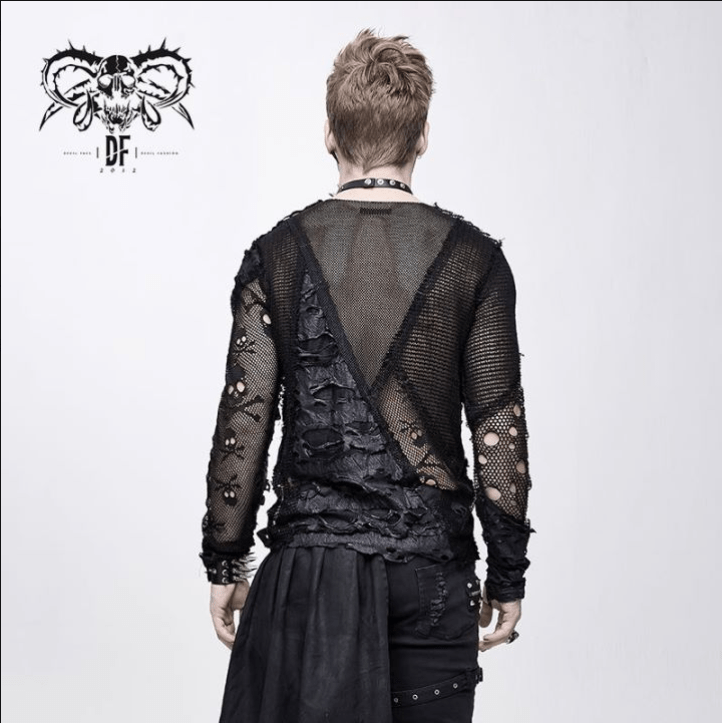 DEVIL FASHION Men's Punk Skull Ripped Long Sleeved Tops