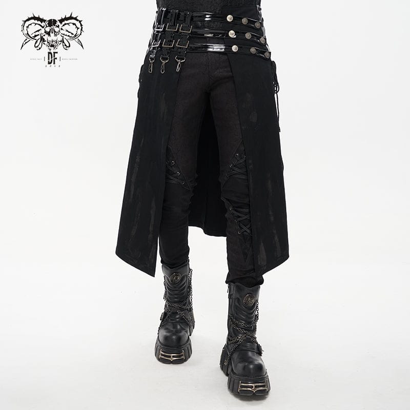 DEVIL FASHION Men's Punk Splice Distressed Kilt with Faux Patent Leather Straps