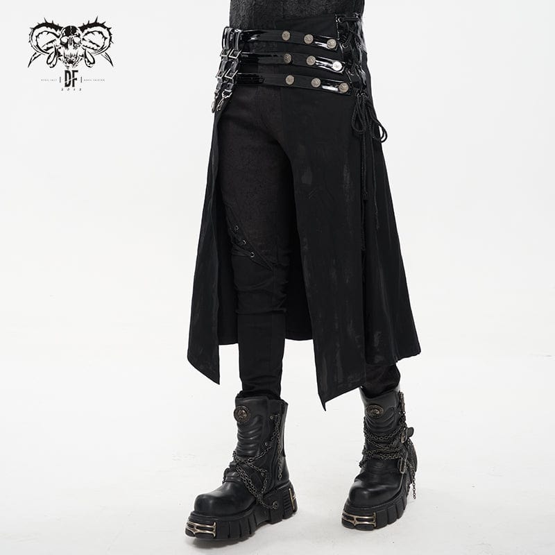 DEVIL FASHION Men's Punk Splice Distressed Kilt with Faux Patent Leather Straps