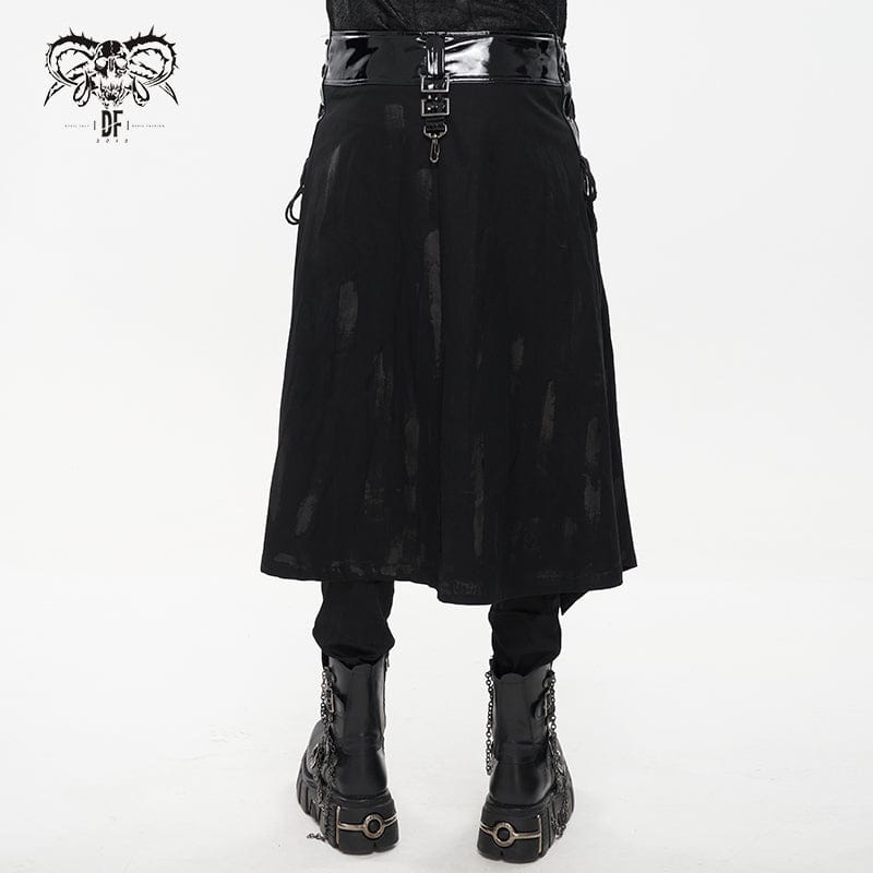 DEVIL FASHION Men's Punk Splice Distressed Kilt with Faux Patent Leather Straps
