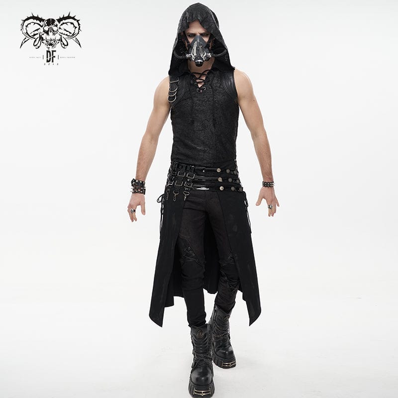 DEVIL FASHION Men's Punk Splice Distressed Kilt with Faux Patent Leather Straps