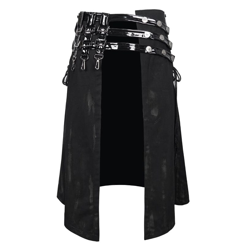 DEVIL FASHION Men's Punk Splice Distressed Kilt with Faux Patent Leather Straps