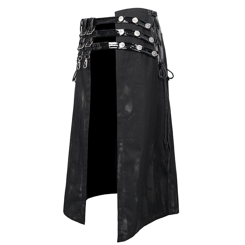 DEVIL FASHION Men's Punk Splice Distressed Kilt with Faux Patent Leather Straps
