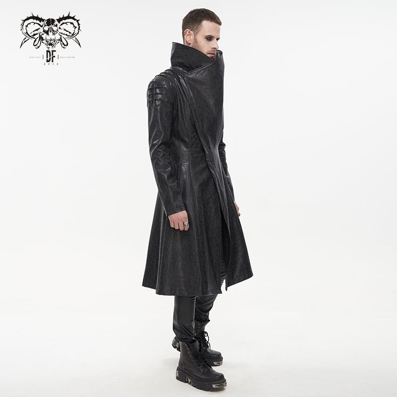 DEVIL FASHION Men's Punk Stand Collar Faux Leahter Long Coat