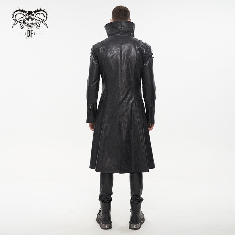 DEVIL FASHION Men's Punk Stand Collar Faux Leahter Long Coat