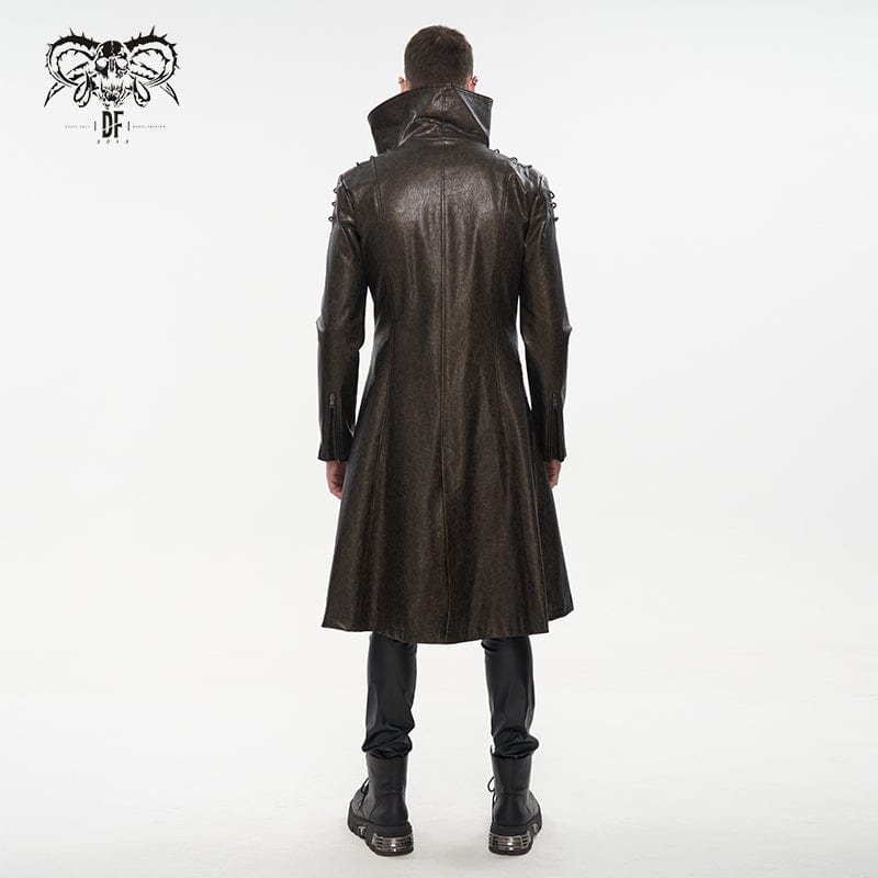DEVIL FASHION Men's Punk Stand Collar Faux Leather Long Coat Brown