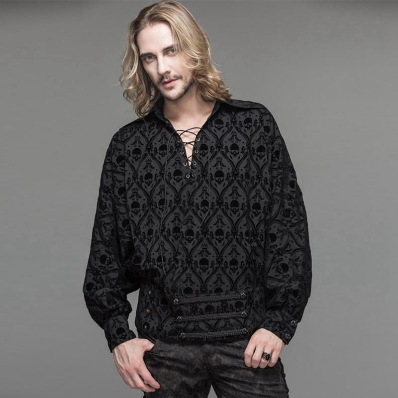 DEVIL FASHION Men's String and Grommet Lacing Gothic Self Patterned Shirt