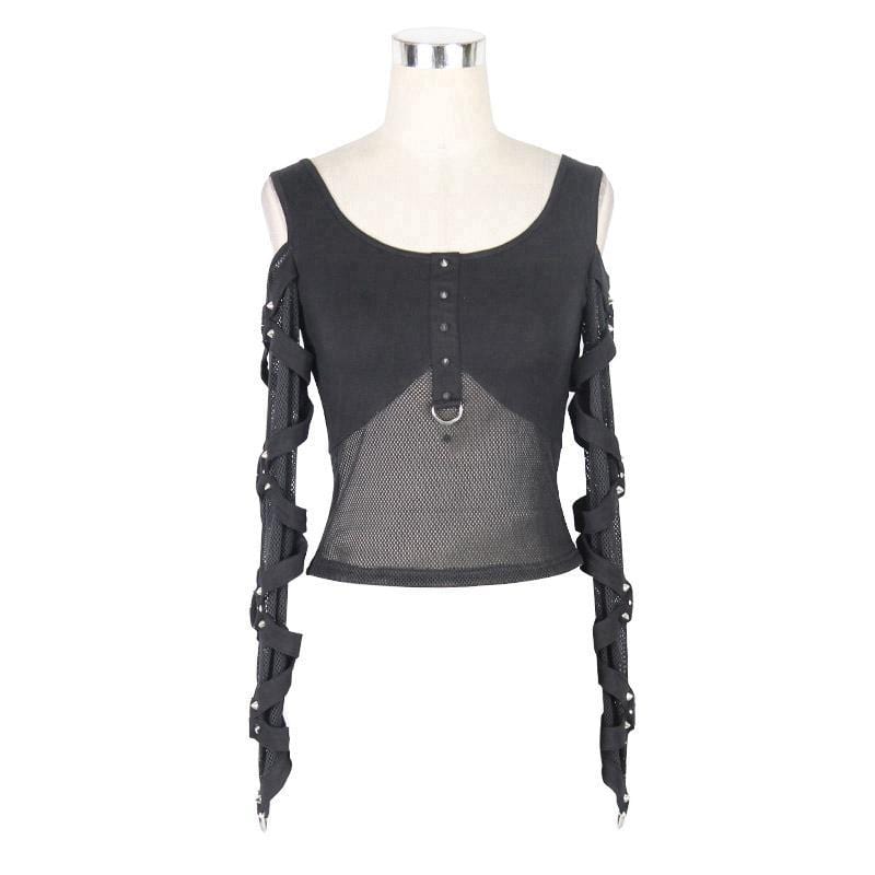 DEVIL FASHION Women's Cold-Shoulder Strappy Steampunk Mesh Top