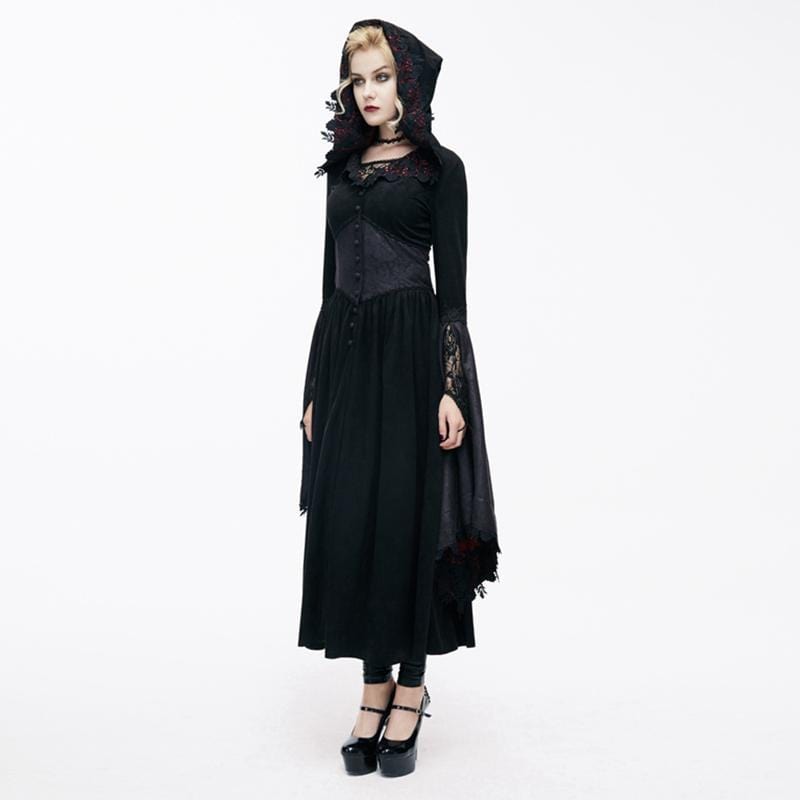 DEVIL FASHION Women's Goth Ankle Dress With Hood and Angel Sleeves
