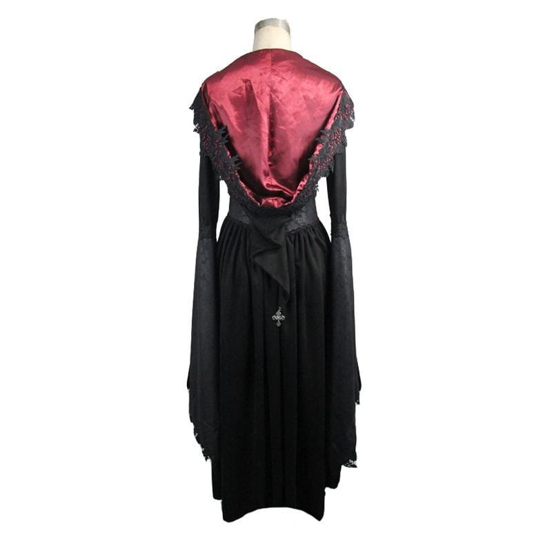 DEVIL FASHION Women's Goth Ankle Dress With Hood and Angel Sleeves