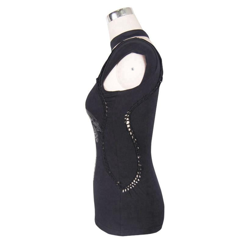 DEVIL FASHION Women's Goth Asymmetric T-Shirt With Skeleton Design