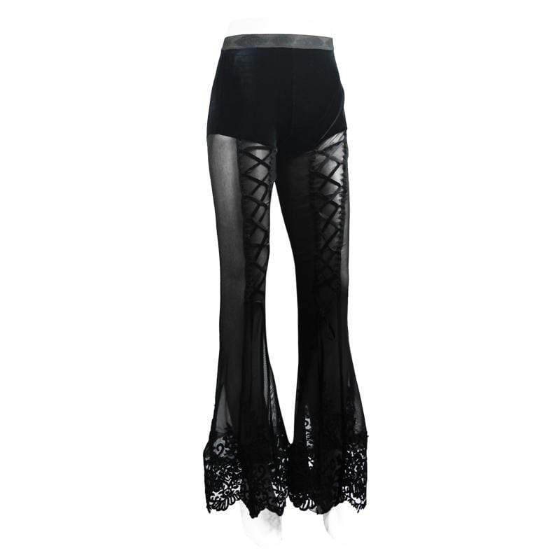 DEVIL FASHION Women's Goth Floral Lace Sheer Bell-bottoms