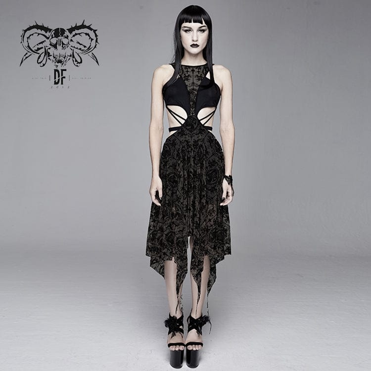 DEVIL FASHION Women's Goth Hollow Out Irregular Floral Dress