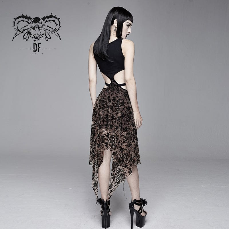 DEVIL FASHION Women's Goth Hollow Out Irregular Floral Dress