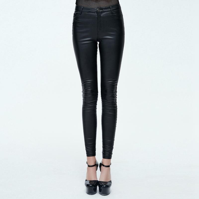 DEVIL FASHION Women's Goth Leather Low Rise Pants With Skull Button