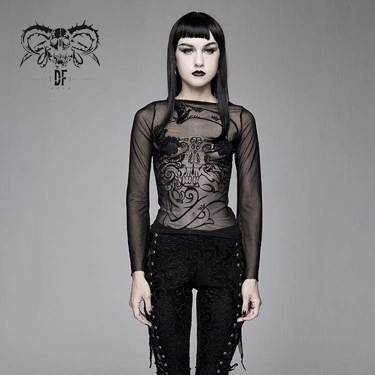 DEVIL FASHION Women's Goth Sheer Flare Sleeved Mesh Tops