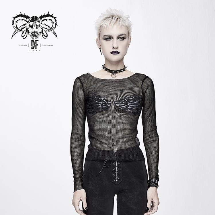 DEVIL FASHION Women's Goth Skull Sheer Mesh Tops