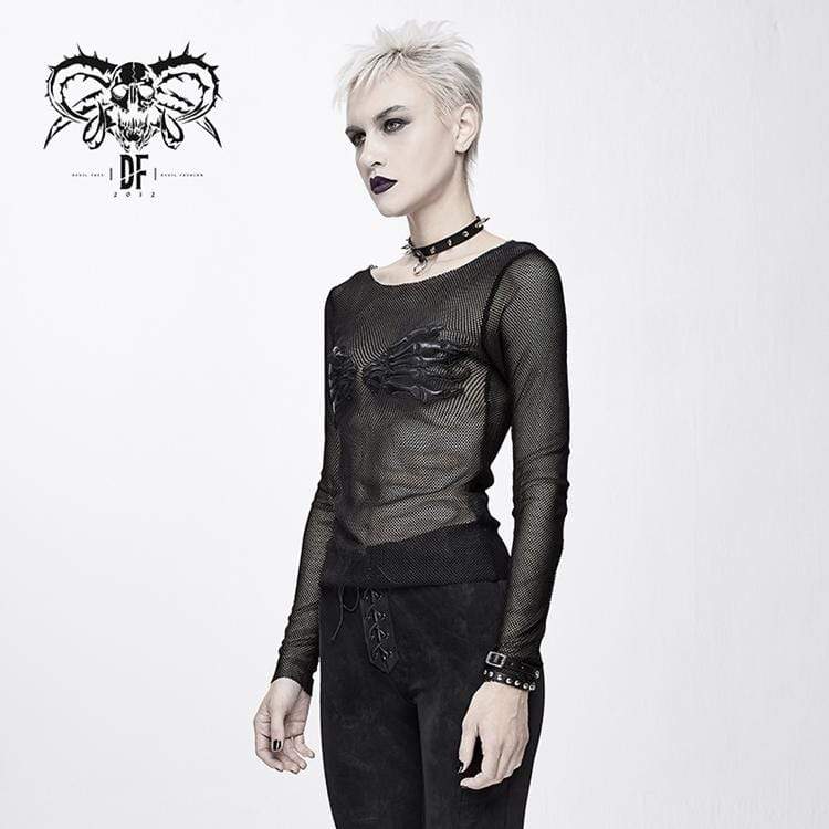 DEVIL FASHION Women's Goth Skull Sheer Mesh Tops