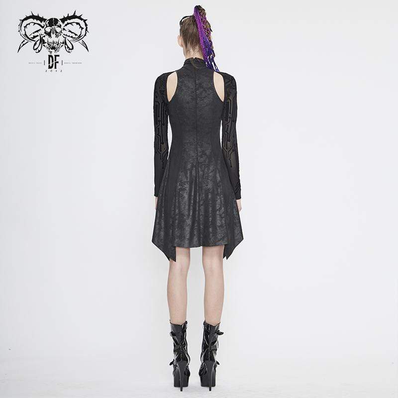 DEVIL FASHION Women's Gothic Asymmetrical Flared Long Sleeved Dresses with Tear-Drop Cut-out Details