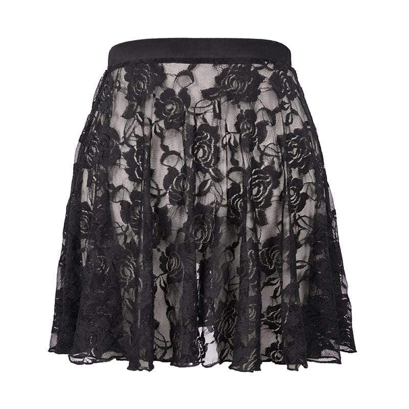 Women's Gothic Black Lace Short Flared Swimming Overskirt
