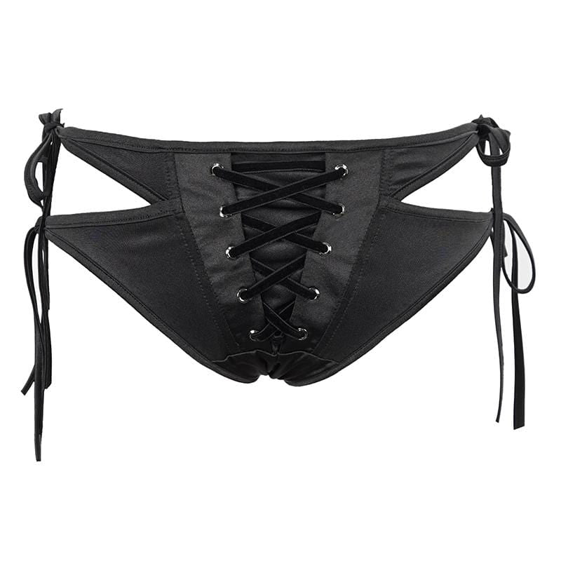 Women's Gothic Black Lace-up Detailed Bikini Bottoms