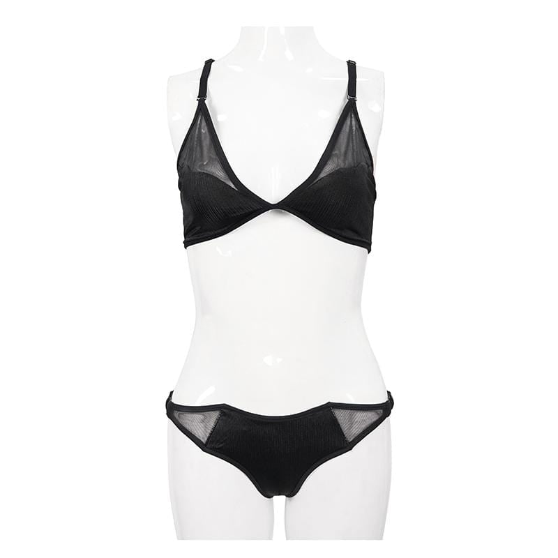 Women's Gothic Black Net Overlay Triangle Bikini