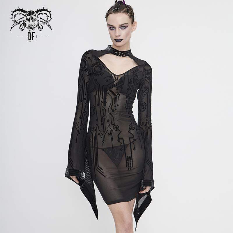 Women's Gothic Black Sheer Lace Long Tulip Sleeved Short Shift Dresses