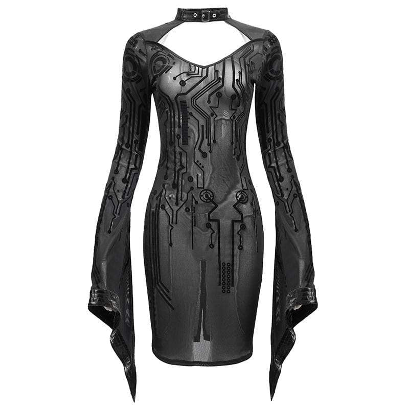 Women's Gothic Black Sheer Lace Long Tulip Sleeved Short Shift Dresses