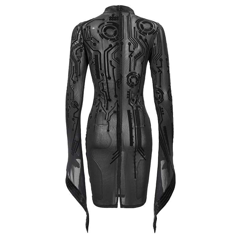 Women's Gothic Black Sheer Lace Long Tulip Sleeved Short Shift Dresses