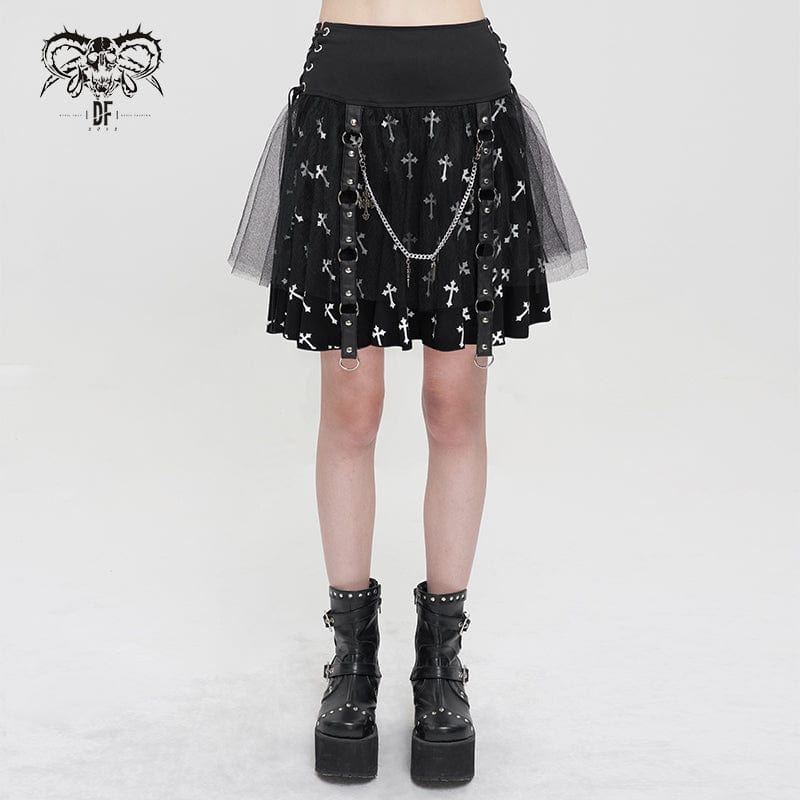 DEVIL FASHION Women's Gothic Cross Printed Mesh Splice Chain Skirt