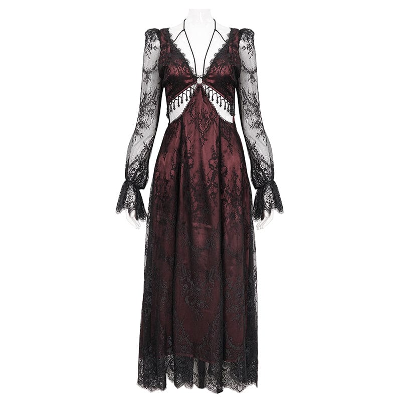 DEVIL FASHION Women's Gothic Cutout Beaded Lace Dress