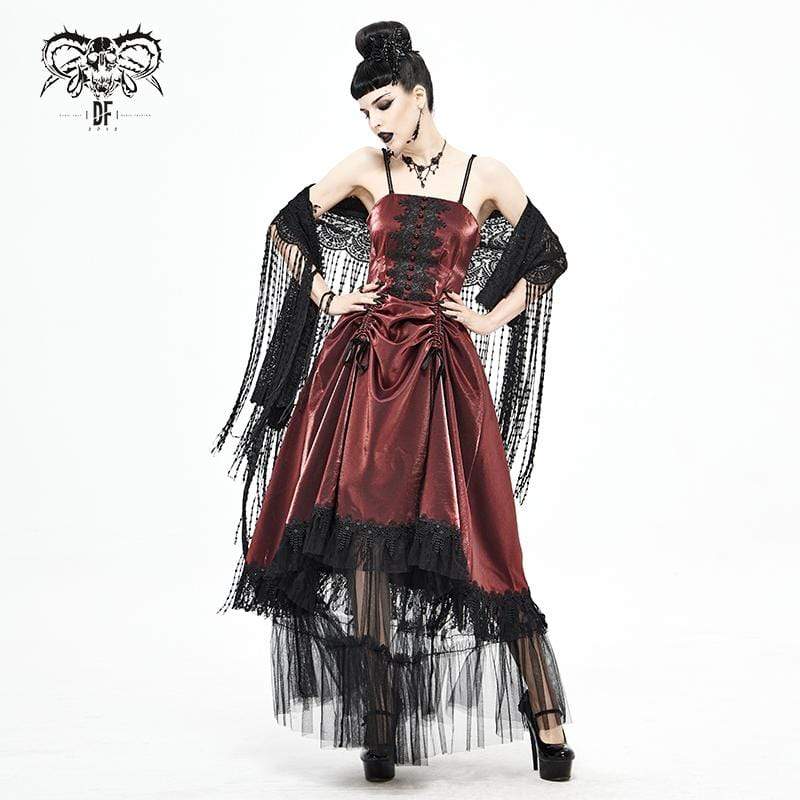 Women's Gothic Drawstring Lace Splice Red Slip Dress Wedding Dress