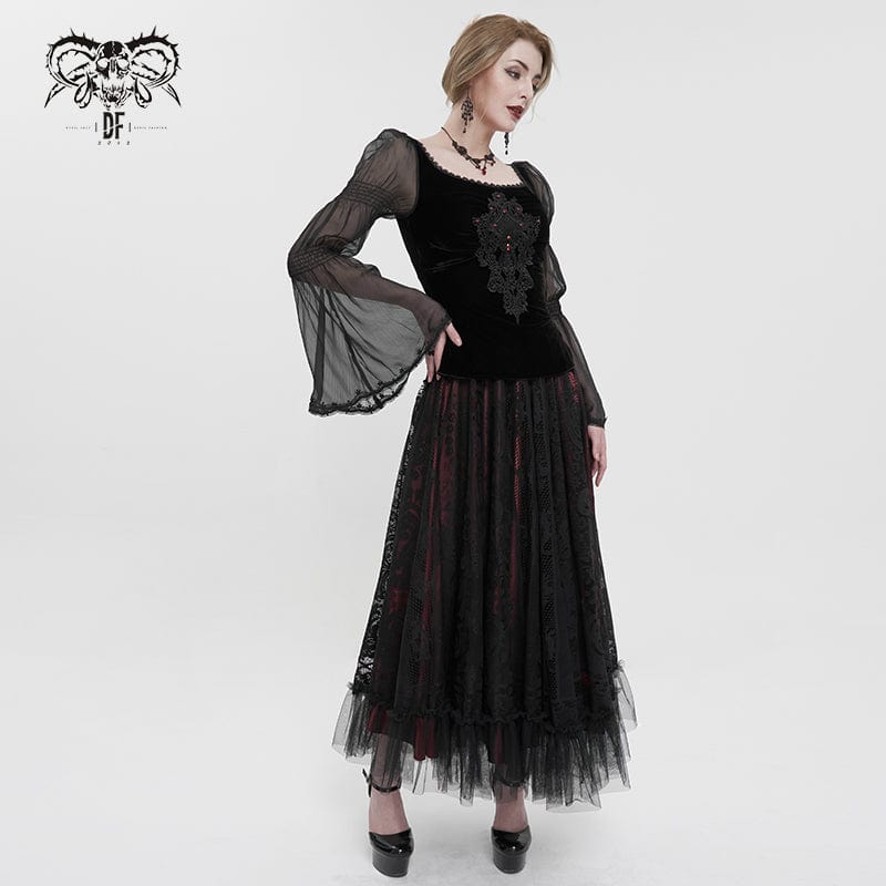 DEVIL FASHION Women's Gothic Flared Sleeved Floral Embroidered Shirt