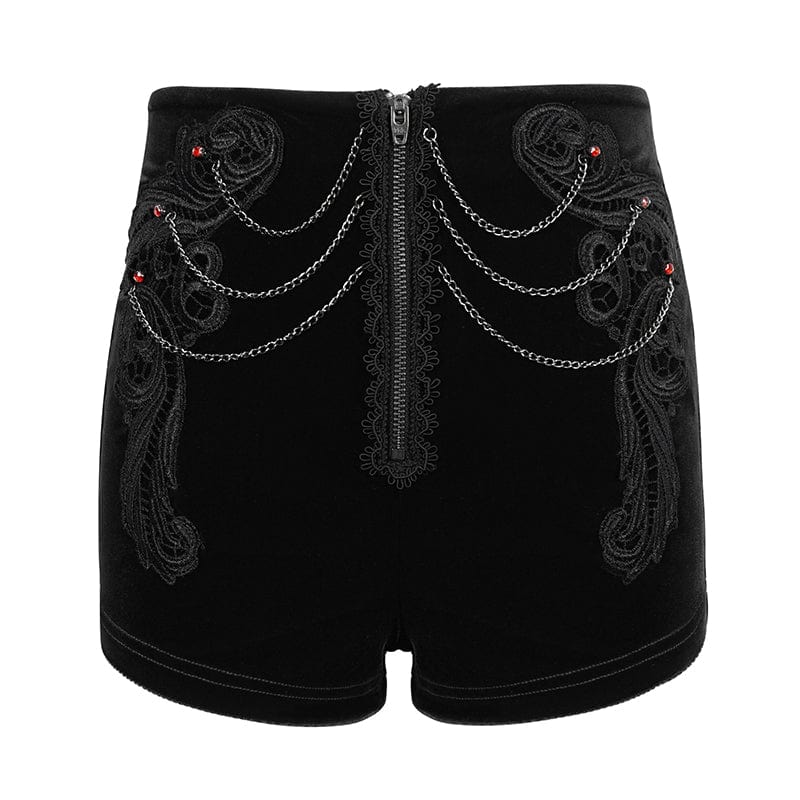 DEVIL FASHION Women's Gothic Floral Embroidered Chain Velvet Shorts