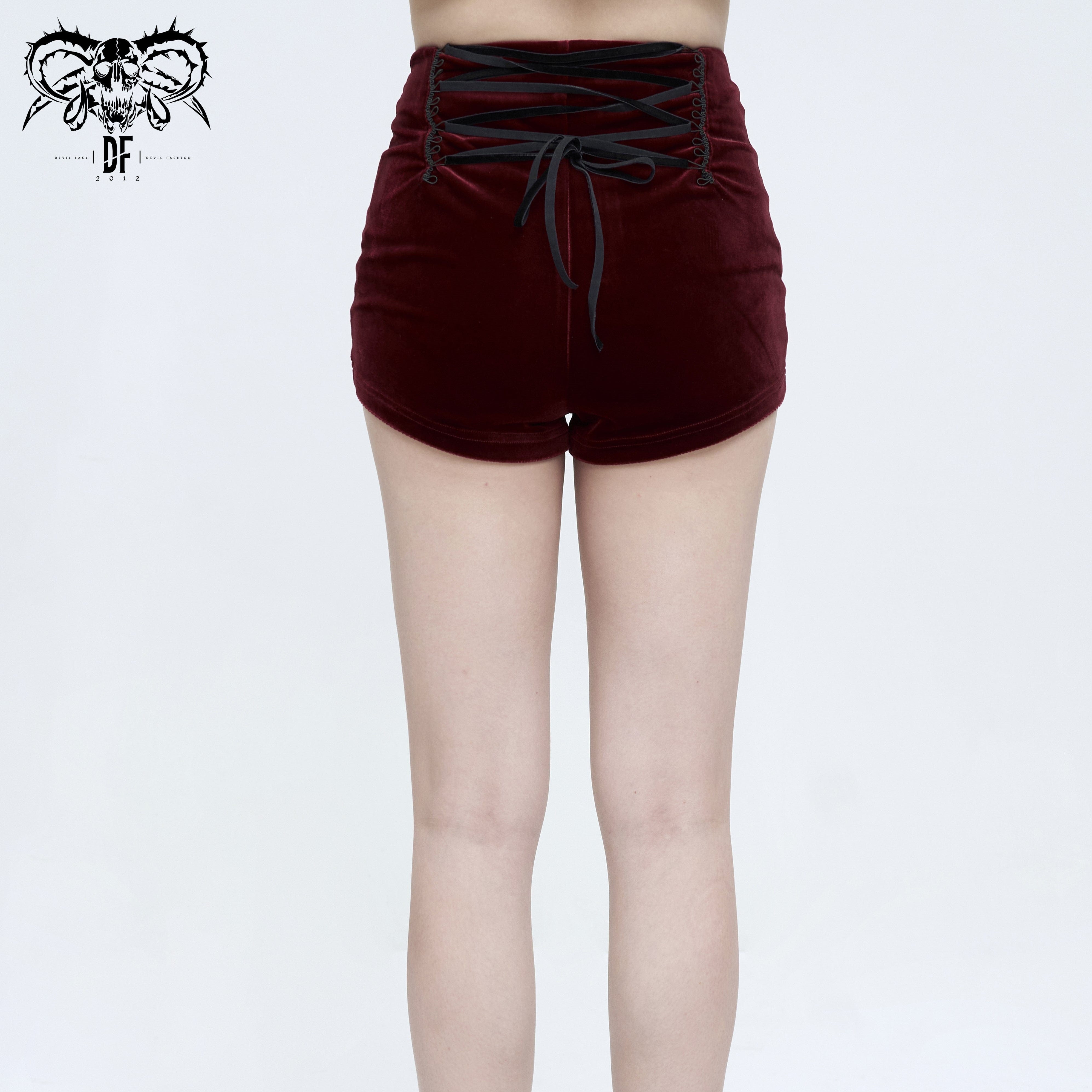 DEVIL FASHION Women's Gothic Floral Embroidered Chain Velvet Shorts Red